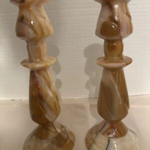 Vintage Carved Marble Alabaster Candlesticks 8”tall Carmel Cream Colored used